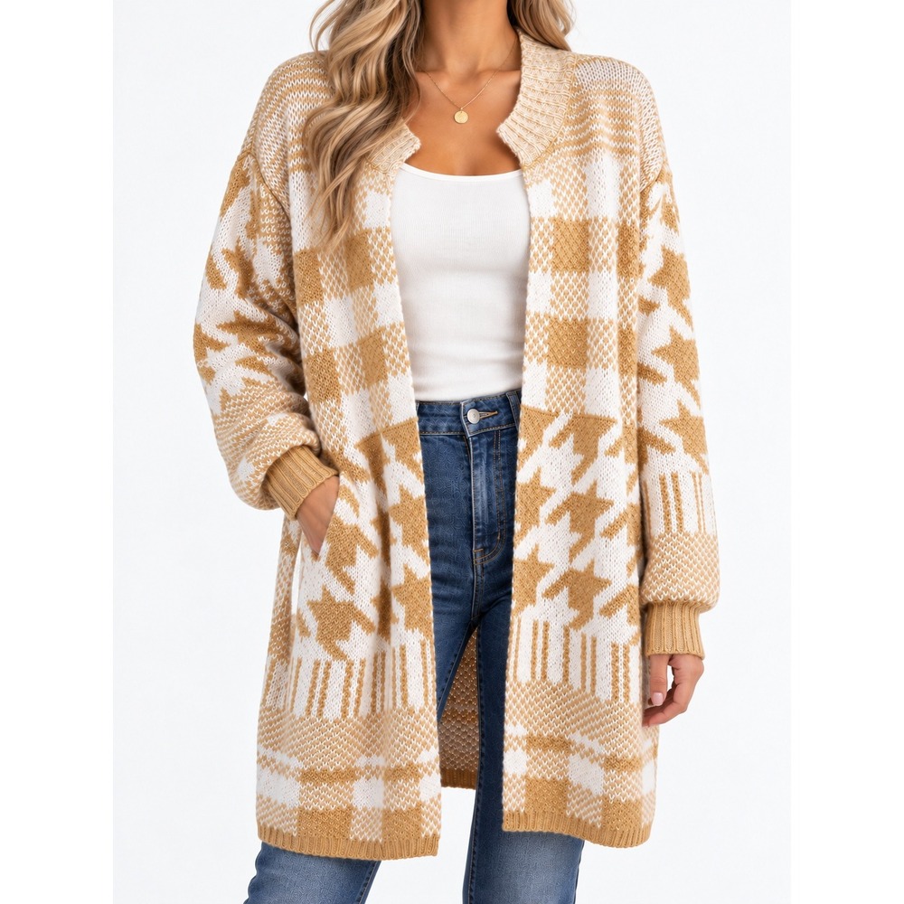 Willow + Root Mustard Yellow Houndstooth Plaid Longline Cardigan Sweater Large